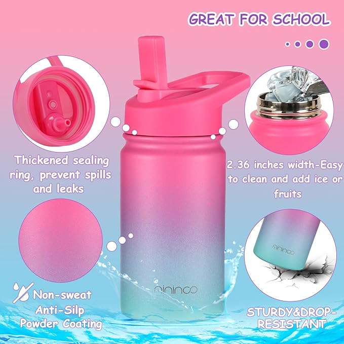 mininoo Insulated Kids Water Bottle for School, 12 oz Stainless Steel with Straw Lid and Chug Lid for Girls, Boys (Punch/Green)
