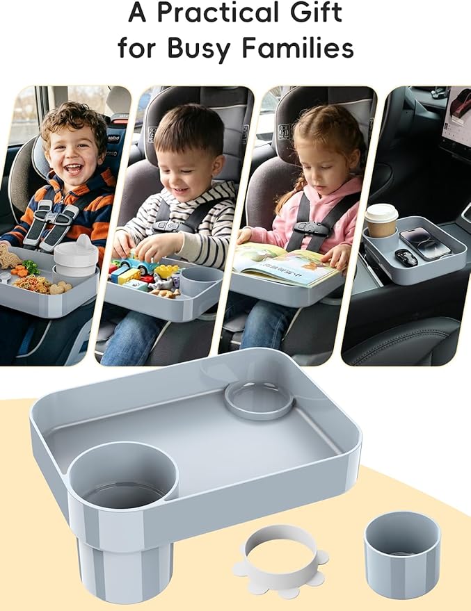 Car Seat Cup Holder Snack Tray for Kids, Reduces Mess, Detachable Large Base & Adjustable Ring, Carseat Tray for Toddler, Car Seat Food Tray Table for Kid Travel Road Trip Essentials -Light Gray