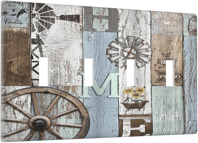 Rustic Western Barn Door Vintage Windmill Light Switch Covers Quad Toggle Electrical Faceplate 4 Gang Wall Plate Decorative Switch Plates Cover for Farmhouse Home Decor