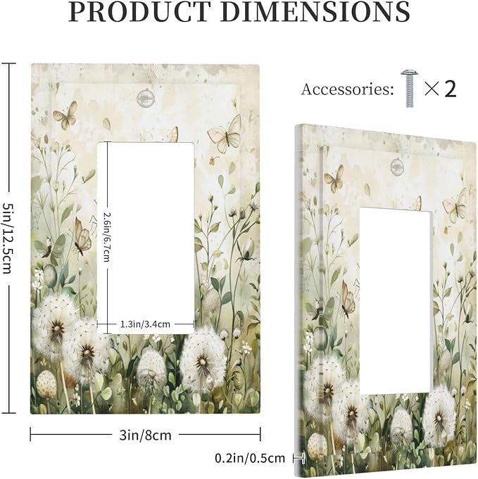 Light Switch Cover Plate Watercolor Butterflies Dandelions Wildflowers 1 Gang Outlet Covers Single Rocker Decorative Switch plates Electrical Wall Plates GFCI Receptacle for Bathroom Bedroom