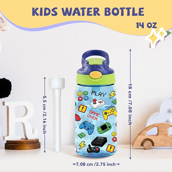 14oz Gamer Kids Water Bottle with Straw Lid - Cool Games Water Bottles for Kids, Leakproof, Lightweight, Durable Plastic Bottles for School, Pop-Up Straw Cover, Gift Cup for Girls Boys(Gamer)