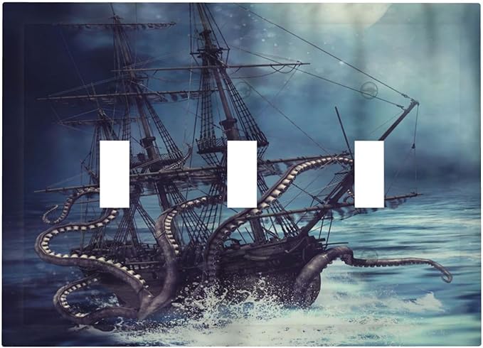 Octopus Ocean Kraken Nautical Pirate Ship 3 Gang Light Switch Covers Decorative Unique Triple Toggle Wall Plate Electrical Faceplate Switchplate for Kitchen Bathroom Bedroom Home Decor
