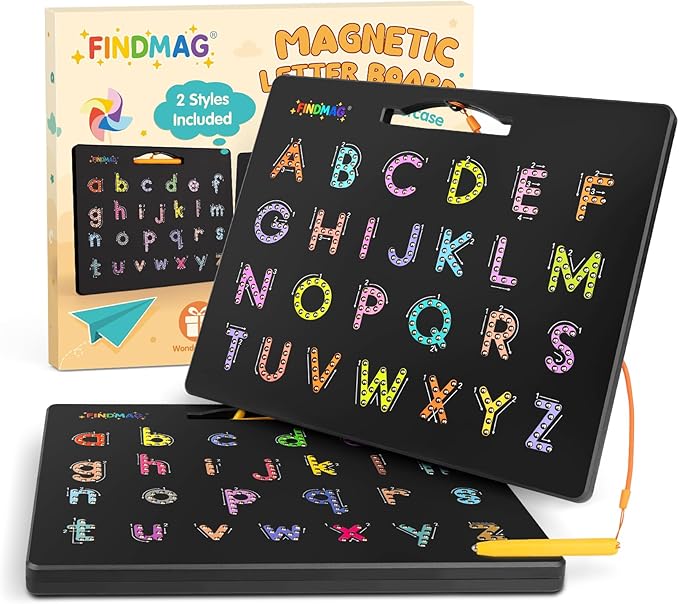 FINDMAG Magnetic Letter Board, Dual Sided ABC Education Board Writing Practice for Toddler, Erasable Educational Tool for Kids, Reusable Learning Toys, Back to School Supplies Road Trip Essentials