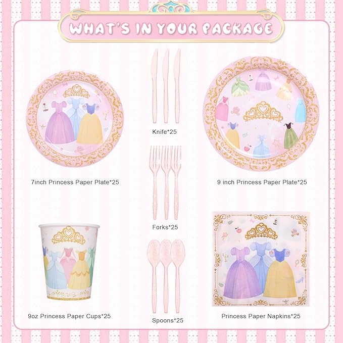 175Pcs Princess Paper Plates Napkins, Princess Themed Birthday Party Decorations Pink Party Supplies Disposable Dinnerware Set Plate, Utensils, Cup, Napkin, Tableware Set, Serve 25 Guests