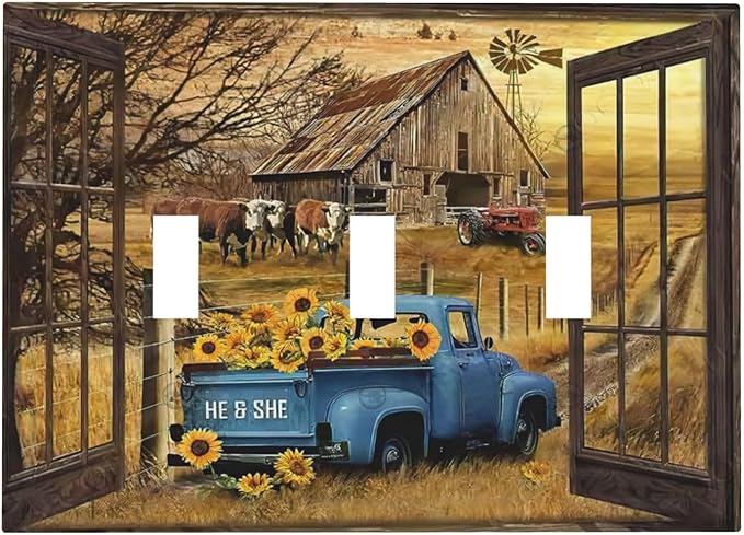 Fall Western Farmhouse Cow 3 Gang Light Switch Plate Decorative Barn door Blue Truck Triple Toggle Wall Plate Cover Electrical Faceplate for Bathroom Home Living Room Bedroom Art Panel Decor