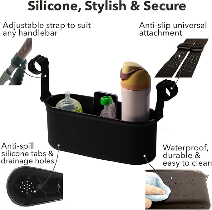Universal Silicone Stroller Organizer | Waterproof, Easy-Clean Caddy with Secure Cup Holders & Organized Interior | BPA-Free, Anti-Slip Straps | Fits Uppababy, Nuna, Doona & Most Strollers | roo go