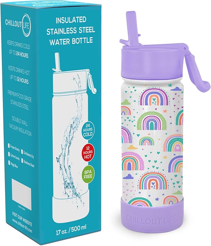 CHILLOUT LIFE 17 oz Kids Insulated Water Bottle for School with Straw Lid Leakproof and Cute Waterproof Stickers, Personalized Stainless Steel Thermos Flask Metal Water Bottle