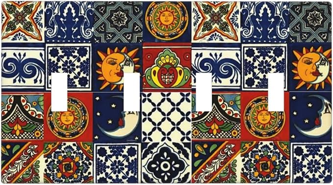 Boho Moroccan Mandala Mexican Tiles Decorative 4 Gang Quad Toggle Light Switch Cover Electric Large Size Quadruple Faceplate Decorative Switch Face Wallplate