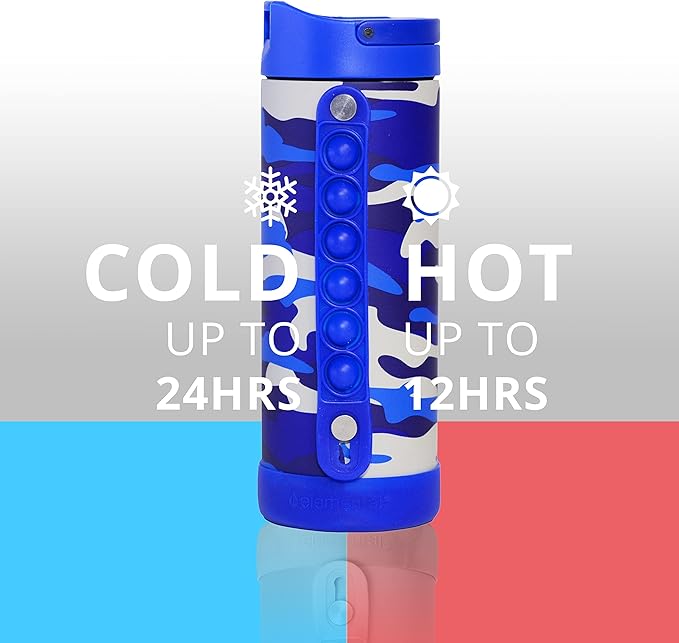 Elemental Iconic Kids Water Bottle for School - 100% Leak-Proof Insulated Water Bottles with Straw Lid & Pop-It Handle for Boys & Girls - Triple-Wall Insulated & BPA-Free, 14oz - Blue Camo