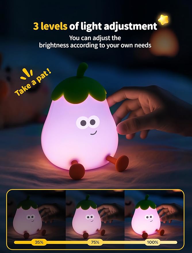 Eggplant Night Light, Touch Bedside Lamp, 3 Level Dimmable Squishy Lamp for Bedroom & Room Decor