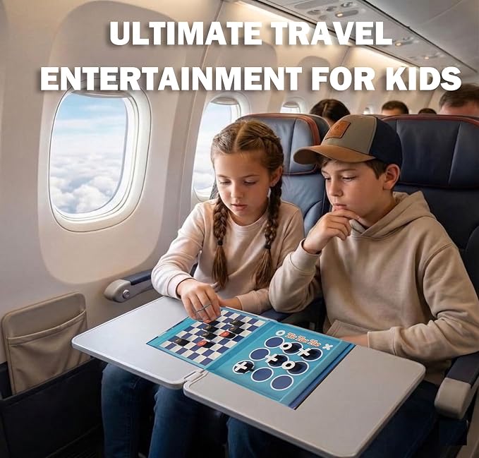 2-in-1 Checkers & Tic-Tac-Toe Board Game | Magnetic Travel Games for Kids 8-12 | Plane Activities for Kids Ages 8-12 | Foldable Magnetic Checkers & Travel Activities (Ages 3-12)