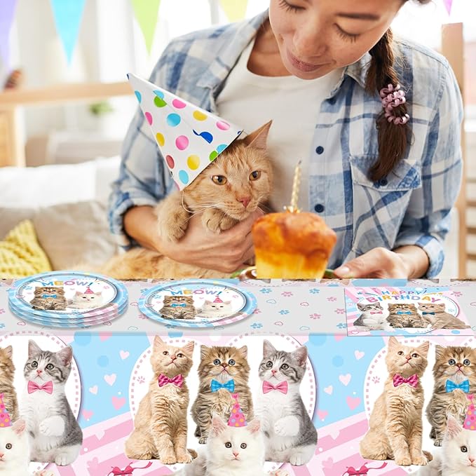 41Pcs Cat Party Supplies - Kitten Birthday Party Table Decorations Include 20 Paper Plates, 20 Napkins and 1 Tablecloth