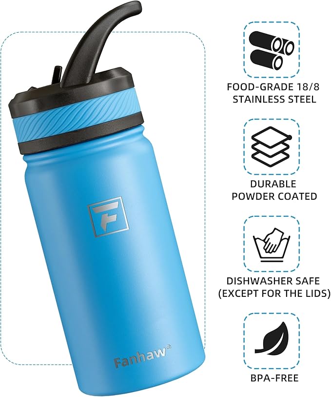 Fanhaw 14 Oz Kids Insulated Water Bottle with Straw Lid – Stainless Steel Double Wall Vacuum, Leak-Proof, BPA-Free Water Bottles for School Boys & Girls(Sky Blue)