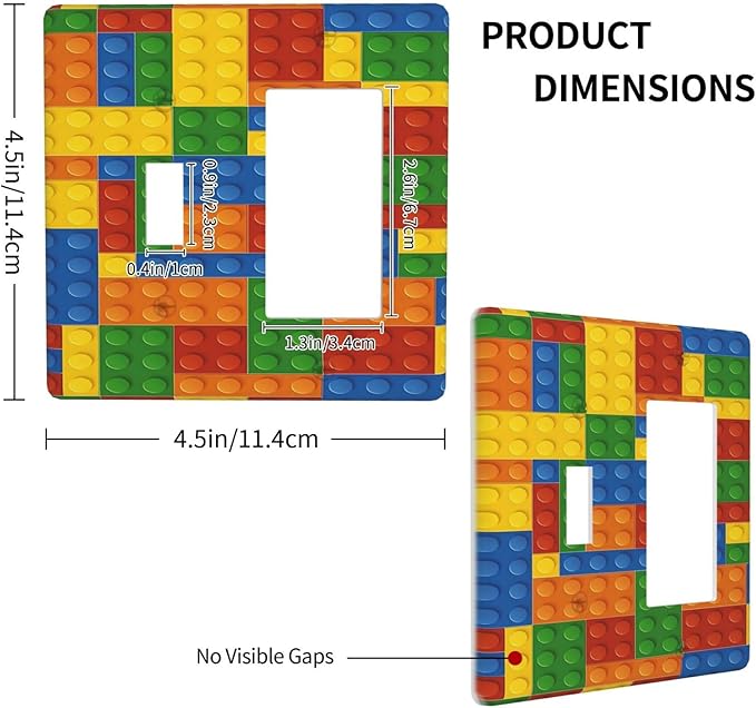 Light Switch Cover Colorful Building Block 2 Gang Toggle Rocker Combo Socket Cover Wall Plates Decorative Switch Plates and Outlet Covers for Kids Room Home Decor