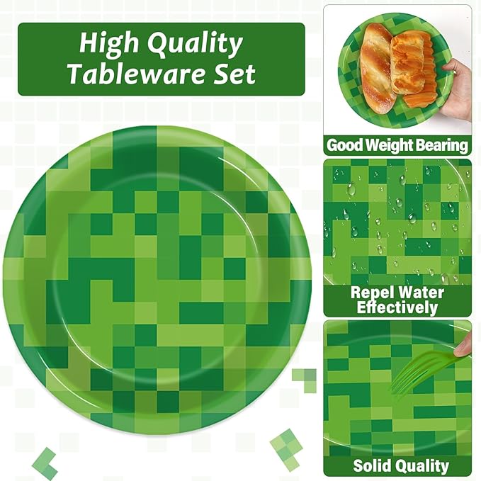96Pcs Pixel Party Paper Plates and Napkins Video Game Party Decorations Pixel Paper Dessert Plates Mining Gaming Disposable Tableware Set Boys Girls Kids Teenagers Birthday Supplies 24 Guests