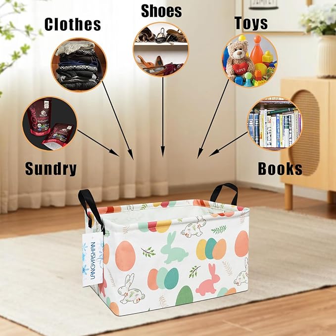 LANGYASHAN Rectangular Storage Bin Collapse Canvas Fabric Cartoon Storage Basket with Handles for Organizing Home Kitchen Boys and Girls Toys Office Closet Shelf Baskets (Rec Rabbit Easter Egg)