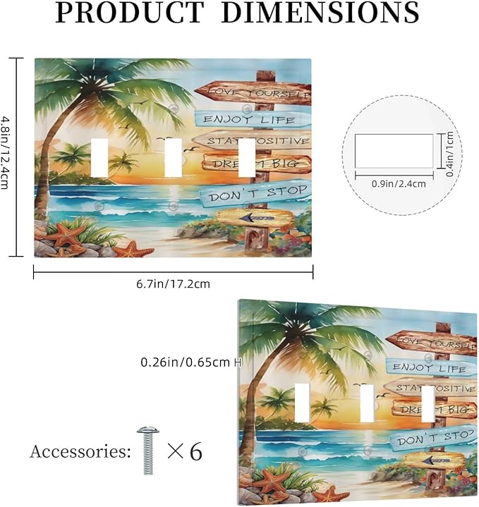 Tropical Beach Palm Tree Summer Coastal Ocean Sunset Decorative Switch Plates 3 Gang Wall Plate Triple Toggle Light Switch Cover Faceplate Electrical Wall Panels for Bedroom Living Room Decor