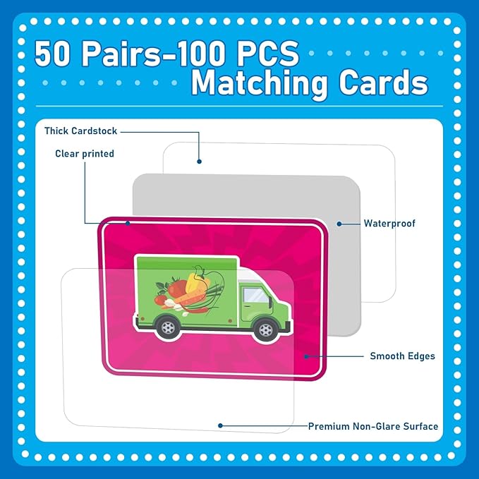 gisgfim 100 PCS Memory Matching Game Trucks Concentration Memory Card Games for Kids Preschool Educational Ages 3-8 A Fun & Fast Vehicle Theme Matching Games