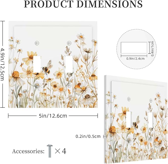 Yellow White Daisy Floral Bee Wild Flower Decorative Switch Plates 2 Gang Double Toggle Outlet Light Switch Cover Wall Plate Electrical Faceplate for Bedroom Living Room Decor