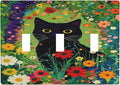 Decorative Art Light Switch Covers BlackCat&Flowers 3 Gang Triple Toggle Wall Plate Decorative Switch plate Electrical Faceplate for Home Decor