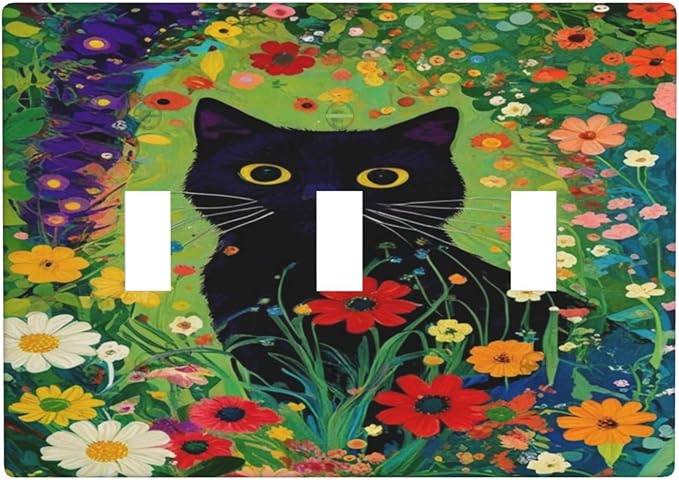 Decorative Art Light Switch Covers BlackCat&Flowers 3 Gang Triple Toggle Wall Plate Decorative Switch plate Electrical Faceplate for Home Decor