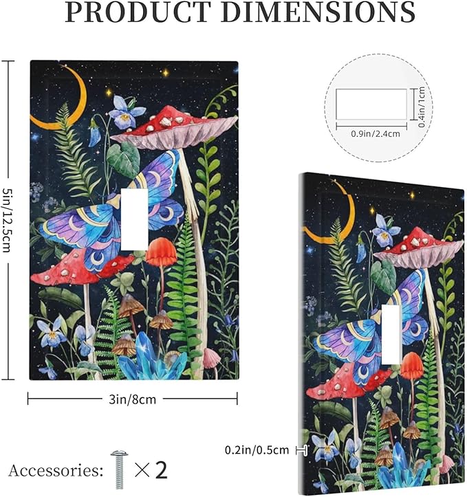 Gothic Moth Mushroom 1-Gang Outlet Light Switch Cover Decorative Single Toggle Face Wall Plate Starry Moon Floral Night Butterfly Boho Aesthetic Art Botanical Electrical Receptacle Cover Midway Size