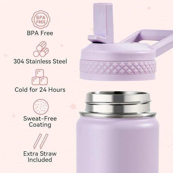 Fijinhom 12 oz Toddler Bottle, 2 Pack Kids Water Bottle for School Boys & Girls with Straws Lids, 304 Stainless Steel Vacuum Insulated Thermos, BPA-Free, Pink + Purple