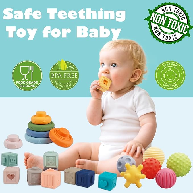Weilim Montessori Toys Soft Stacking Building Blocks Rings Balls Sets 3 in 1 Baby Toys Bundle for Babies Sensory for Toddlers Teething Bath for Infants Learning Education Toy