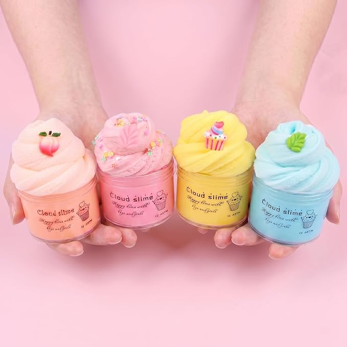 4 Pack Cloud Slime Kit, DIY Stress Relief Toy with Cute Slime Fun Charms, for Kids Party Favors, Girls Boys Birthday Gift