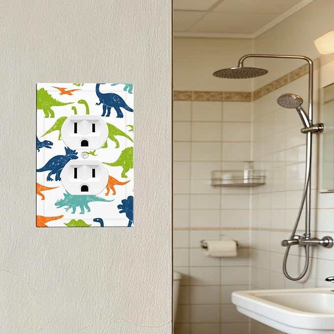 Colorful Dinosaur Duplex Wall Plate - 1-Gang Standard US Size Playful Dino Friends Outlet Covers for Teen Boys Bedroom Playroom Decor