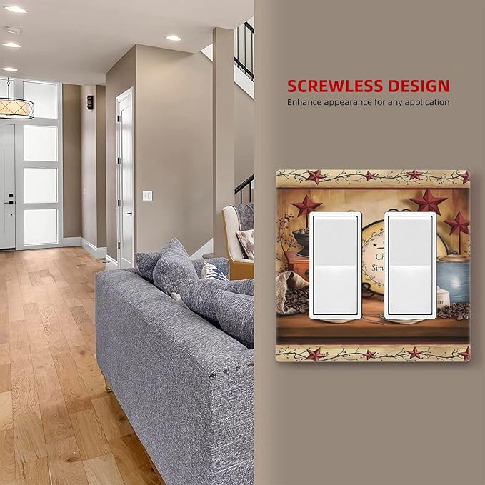 Decorative Kitchen Country Life 2 Gang Decorator GFCI Wall Plate, Lodge Texas Star Coffee Electrical Outlet Receptacle Light Switch Cover Double Rocker for Dimmer, (Hotel Cottage Clock Cafe Theme)