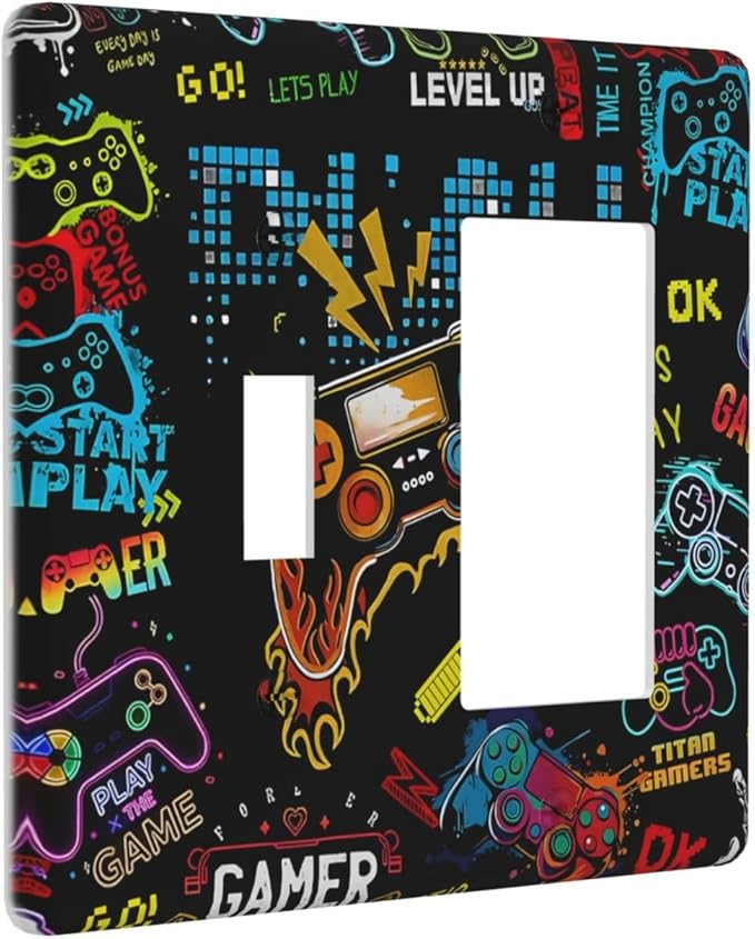 Gamer Video Game Themed Cool Controller Print Outlet Covers 1 Toggle 1 Rocker Combination Decorative Wall Plate Electrical Switch Plates Light Switch Cover Plate for Kids Room Office Decor