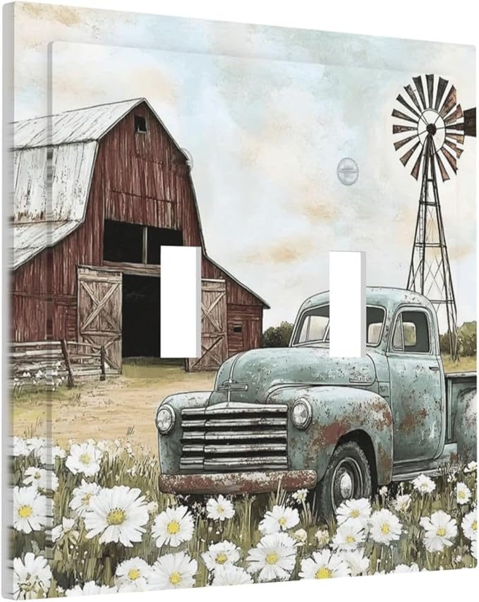 Retro Trucks Old Barn Windmill Teal Car Rustic Decorative Switch Plates 2 Gang Double Toggle Outlet Light Switch Cover Wall Plate Electrical Faceplate for Farmhouse Home Decor