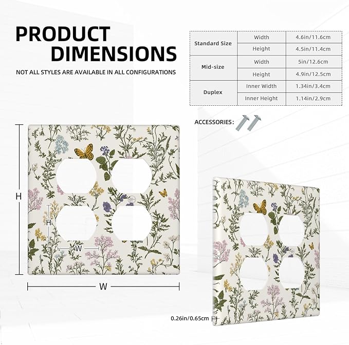Outlet Covers Vintage Colorful Flowers Butterfly Floral 2 Gang Double Duplex Decorative Light Switch Covers Electrical Wallplates Socket Faceplate For Bed Room Living Room Decor