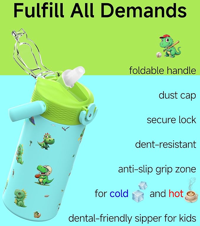 MYFOREST 14oz/400ml Insulated Kids Water Bottle, Odor-Free Surgical Grade Liner, Dishwasher-Safe, Name Spot, Soft Sipper, Gift for Dino Fan (Blue. Dinosaurs)