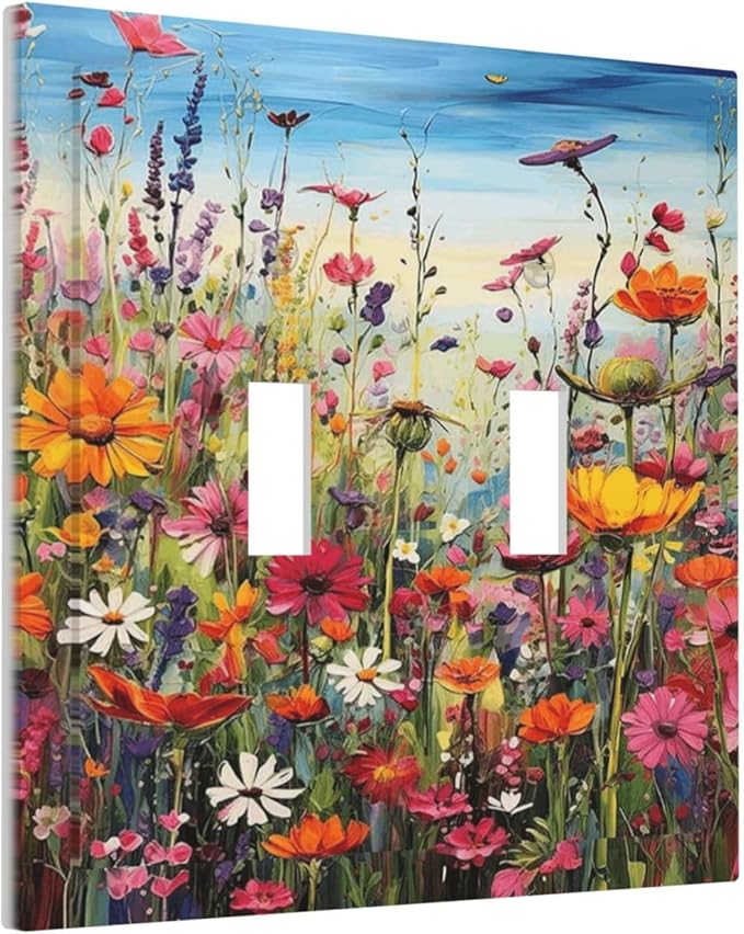 Colorful Wildflowers Painting Floral Flower Decorative Switch Plates 2 Gang Double Toggle Outlet Light Switch Cover Wall Plate Electrical Faceplate for Bedroom Living Room Decor