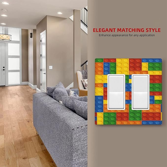 Outlet Covers Colorful Building Block 1 Gang Duplex Light Switch Cover Plate Decorative Wall Plates Electrical Switchplate Receptacle for Kids Room Home Decor（2 Pack）