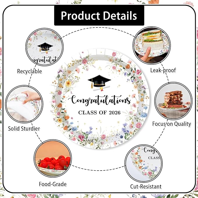 MEHOFOND 169pcs Wildflower Graduation Disposable Plates Napkins Cups Tablecloth Set Floral Congrats Grad Disposable Tableware Set for 24 for Class of 2026 Graduation Decorations