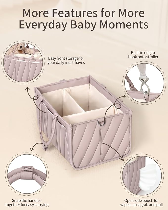 Diaper Caddy Organizer – Portable Storage Basket with Shoulder Strap & Stroller Hooks, Splashproof Quilted Nursery & Car Tote, Gender Neutral Gift for Baby Shower, Smoky Gray