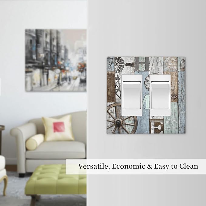 Rustic Western Barn Door Vintage Windmill Decorative Outlet Covers 2 Gang Double GFCI Rocker Electrical Wall Panels Light Switch Cover Plate for Farmhouse Home Decor