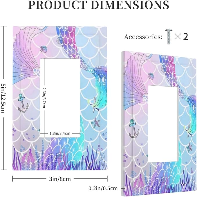 1 Gang Single Decorator/Rocker GFCI Outlet Wall Plate Light Switch Cover Plate Cute Girls Blue Purple Pink Mermaid Tail Scale Electrical Device Face Plug Plate for Dimmers, Receptacle, USB Outlet