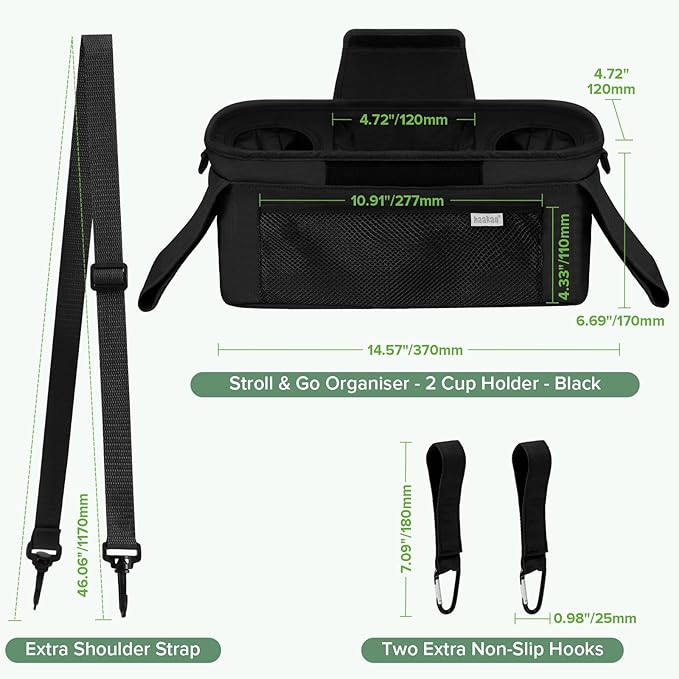 haakaa Stroll & Go Organiser - 2 Cup Holders - Black, Ultimate Stroller Organizer Universal Fit with Adjustable Non-Slip Straps & Hooks, Stroller Caddy Accessories with Shoulder Strap