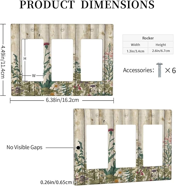 Vintage Wild Flowers Botanical Green Leaves Plants 3 Gang Rocker Light Switch Covers Decorative Rustic Wood Plank Triple Outlet Wall Plate Cover Faceplate Decorative Switchplate GFCI for Farmhouse