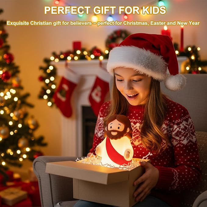 magical JD Little Jesus Night Light, Mini Silicone Jesus Lamp, Dimmable Rechargeable Touch Bedside Lamp for Nursery & Kids, Ideal Religious Gift for Christmas, Easter and Baptism (Red)