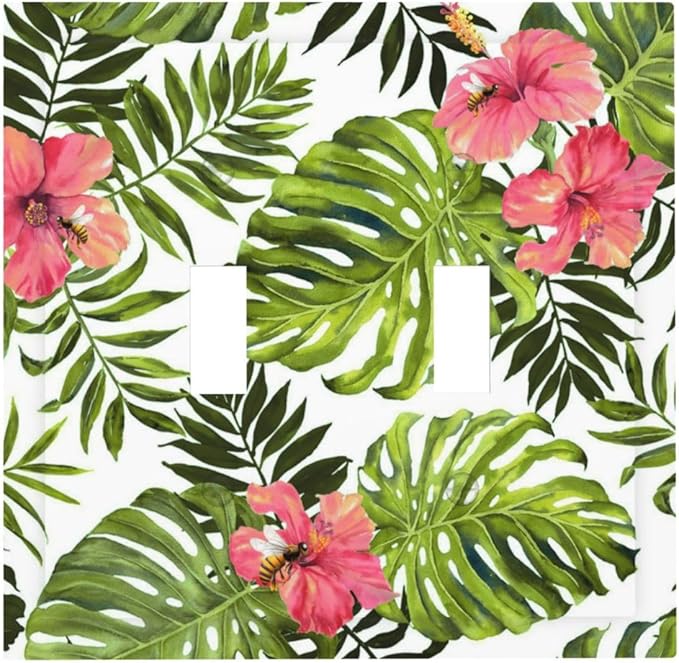 Tropical Plant Green Palm 2 Gang Light Switch Plate Decorative Double Toggle Wall Plate Banana Leaves Pink Flower Rainfores Jungle Botanical Receptacle Switchplate Decorate Home Living Room Bedroom