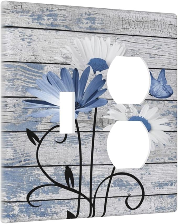 Blue White Daisy Flower Butterfly Rustic Wood Board Wallplates 1 Toggle 1 Duplex Switch Plate Electrical GFCI Faceplate Decorative Light Switch Covers for Farmhouse Bedroom Decor