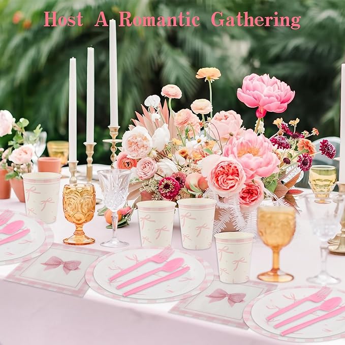Coquette Birthday Decorations,210 Pcs Pink Bow Party Plates Napkins Cups Forks Spoons Knives Tableware Sets for Girls Birthday Party Decor,Serves 30