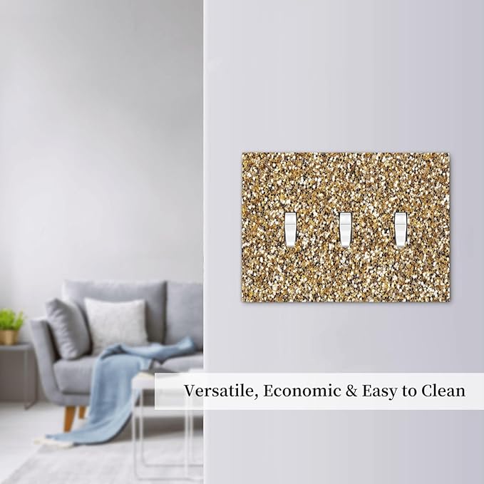 Decorative Light Switch Cover Plate Gold Glitter Sequins 3 Gang Wall Plate Triple Toggle Switch Plate Covers Electrical Outlet Cover for Bedroom Cabin Decor