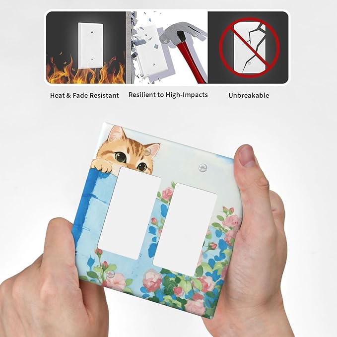 Cat Flower Double Rocker Wall Plate Decorative 2 Gang Light Switch Covers Electrical Switchplate Home Decorate Faceplat for Bathroom Bedroom Kitchen Room 4.5 x 4.5 Inch