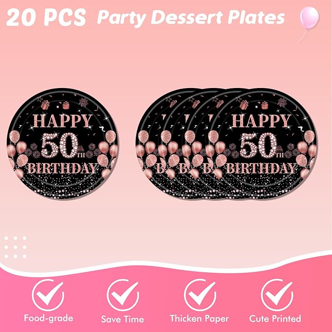 Ryzovo 62Pcs 50th Birthday, Vintage 50 Birthday Black and Rose Gold Disposable Paper Plates and Napkins Party Supplies for 20 Guests, Include 7'' Plates 9'' Plates Napkins and Tablecloth